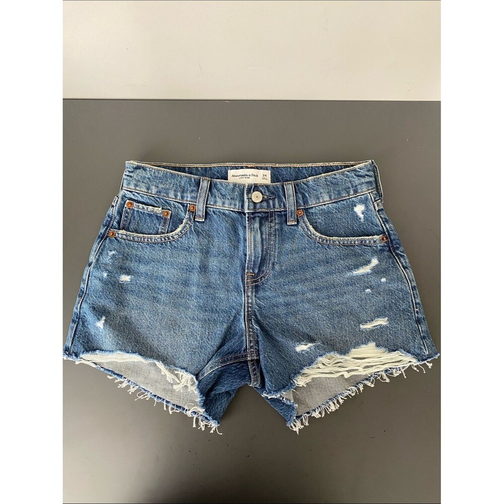 Abercrombie Distressed Blue Denim Shorts Sz 24 Medium Wash Raw Hem Low Rise